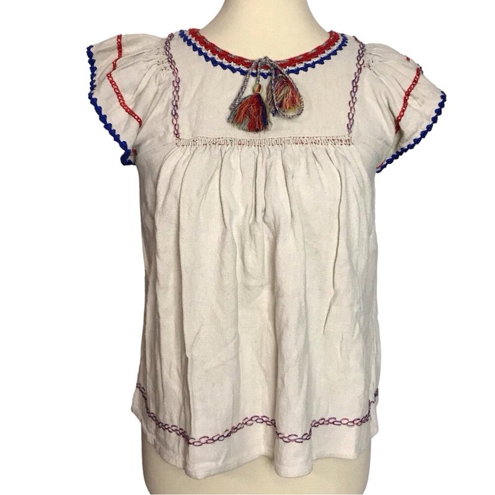 Ulla Johnson Katya Natural Crochet Embroidered Red Blue Ivory Silk Knit Blouse 2